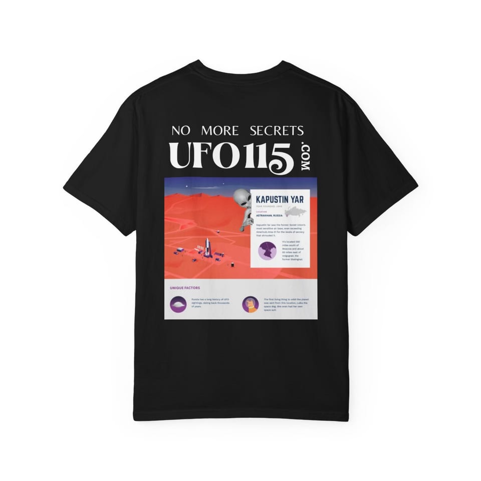 No More Secrets Kapustin Yar Tee, back view (Printify product mockup)
