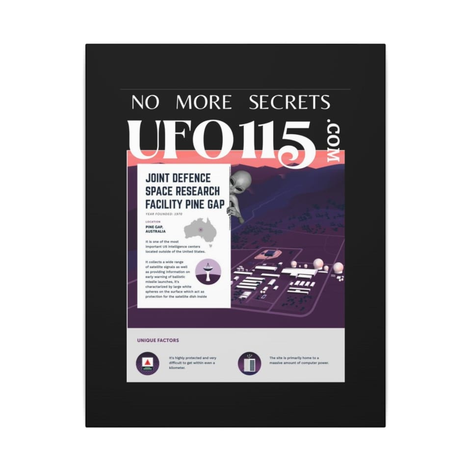 No More Secrets Pine Gap Canvas, front view (Printify product mockup)