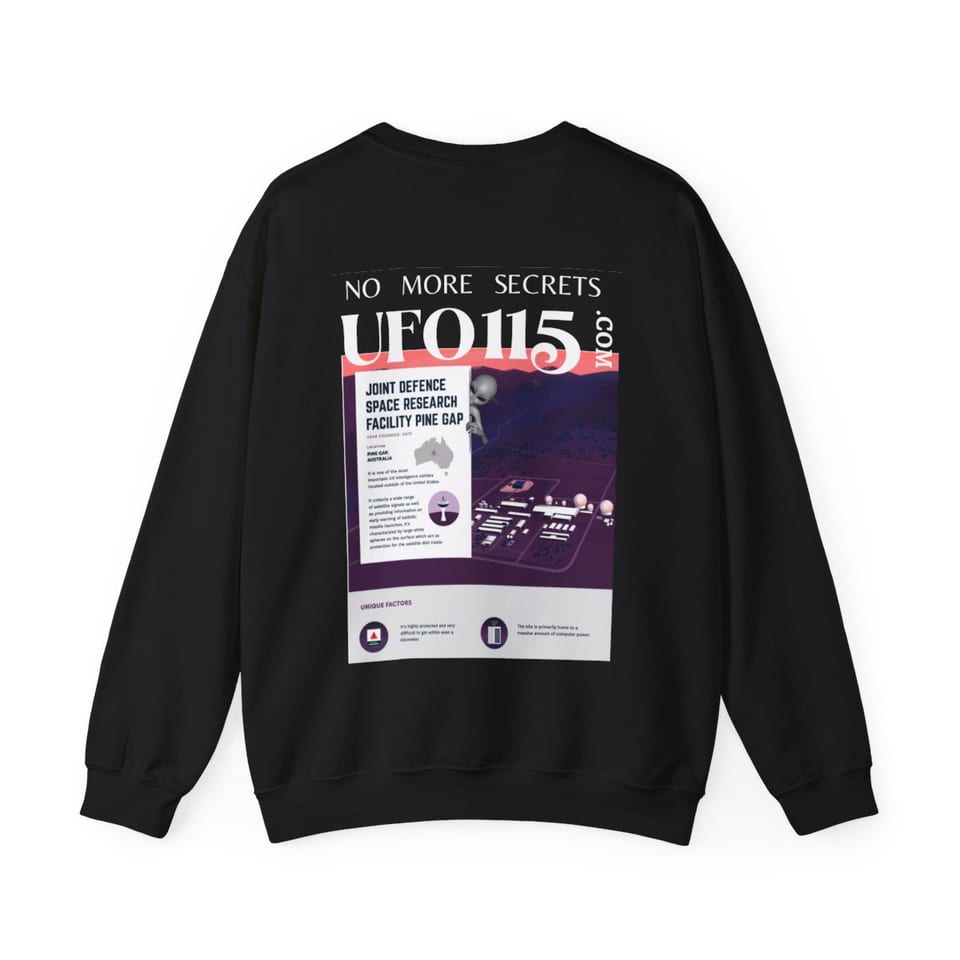 No More Secrets Pine Gap Crewneck Sweatshirt, back view (Printify product mockup)