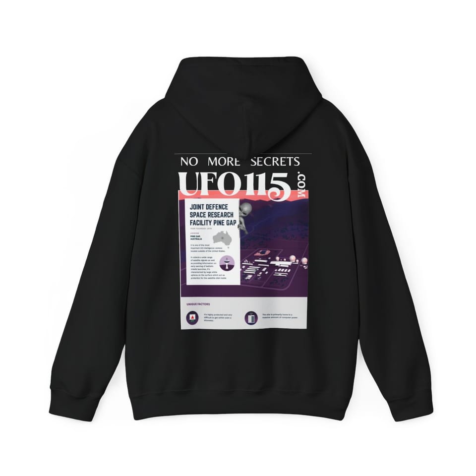 No More Secrets Pine Gap Hoodie, back view (Printify product mockup)