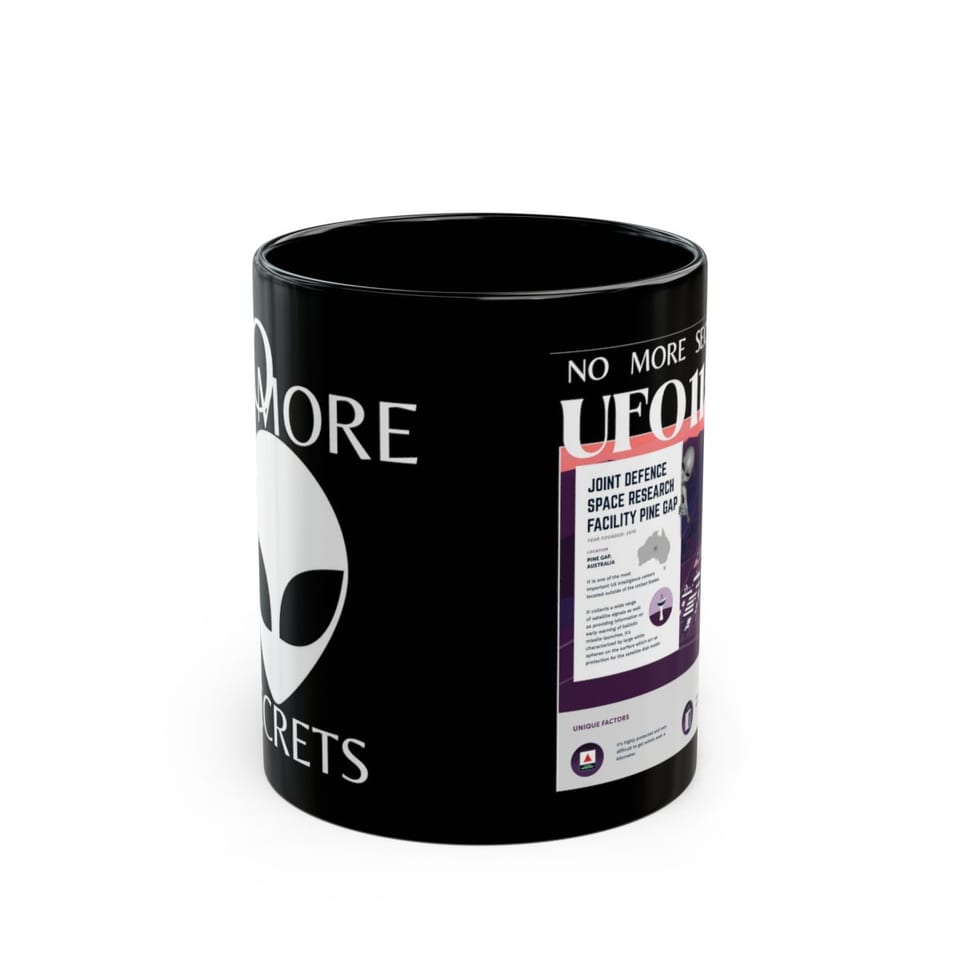 No More Secrets Pine Gap Mug, front view (Printify product mockup)