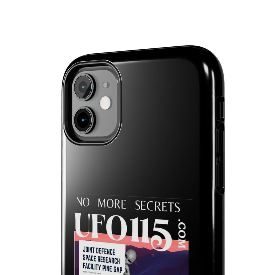 No More Secrets Pine Gap Phone Case, close up view (Printify product mockup)
