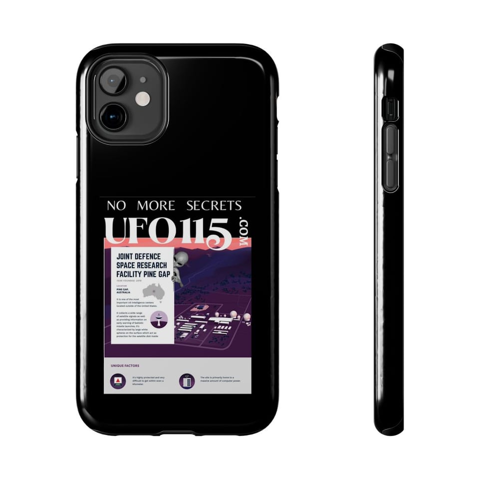 No More Secrets Pine Gap Phone Case, front and-side view (Printify product mockup)
