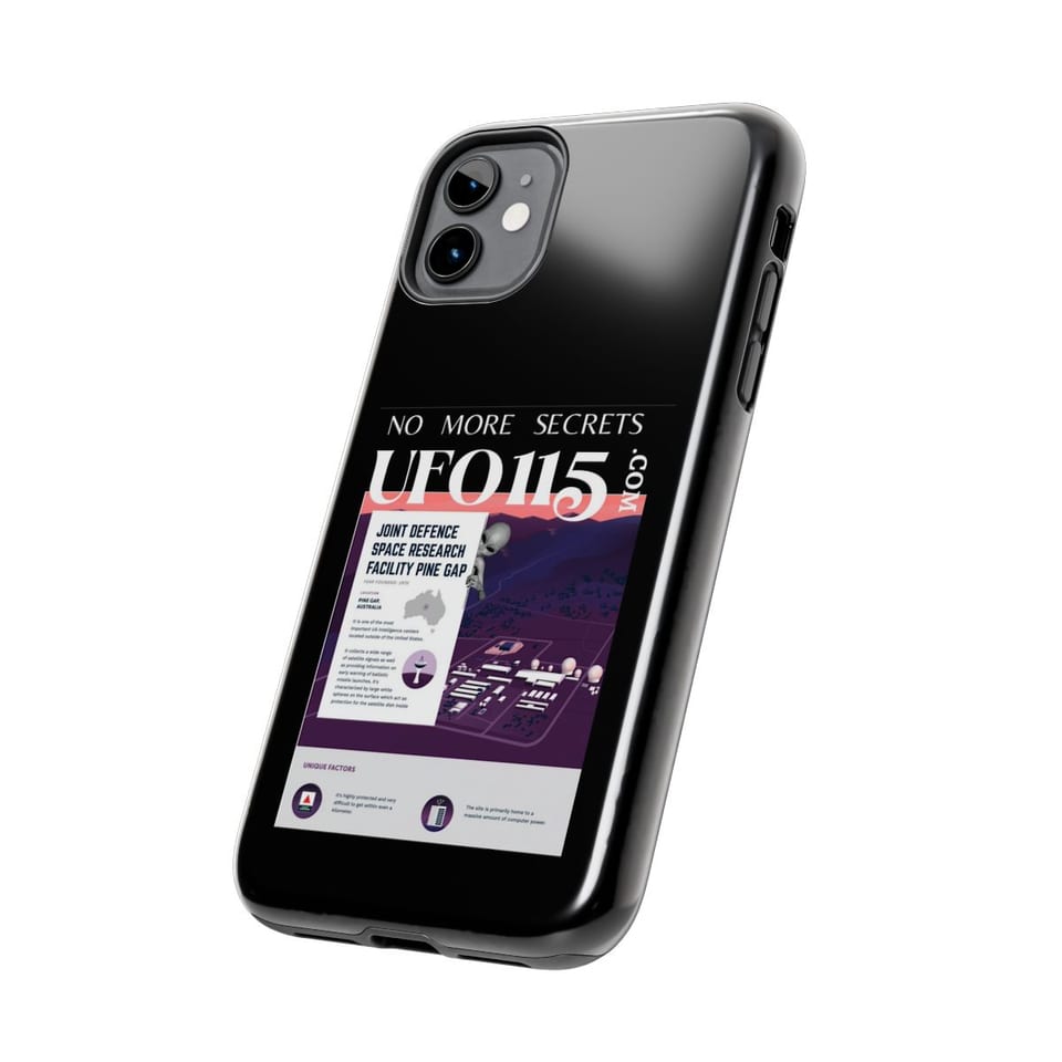 No More Secrets Pine Gap Phone Case, side view (Printify product mockup)