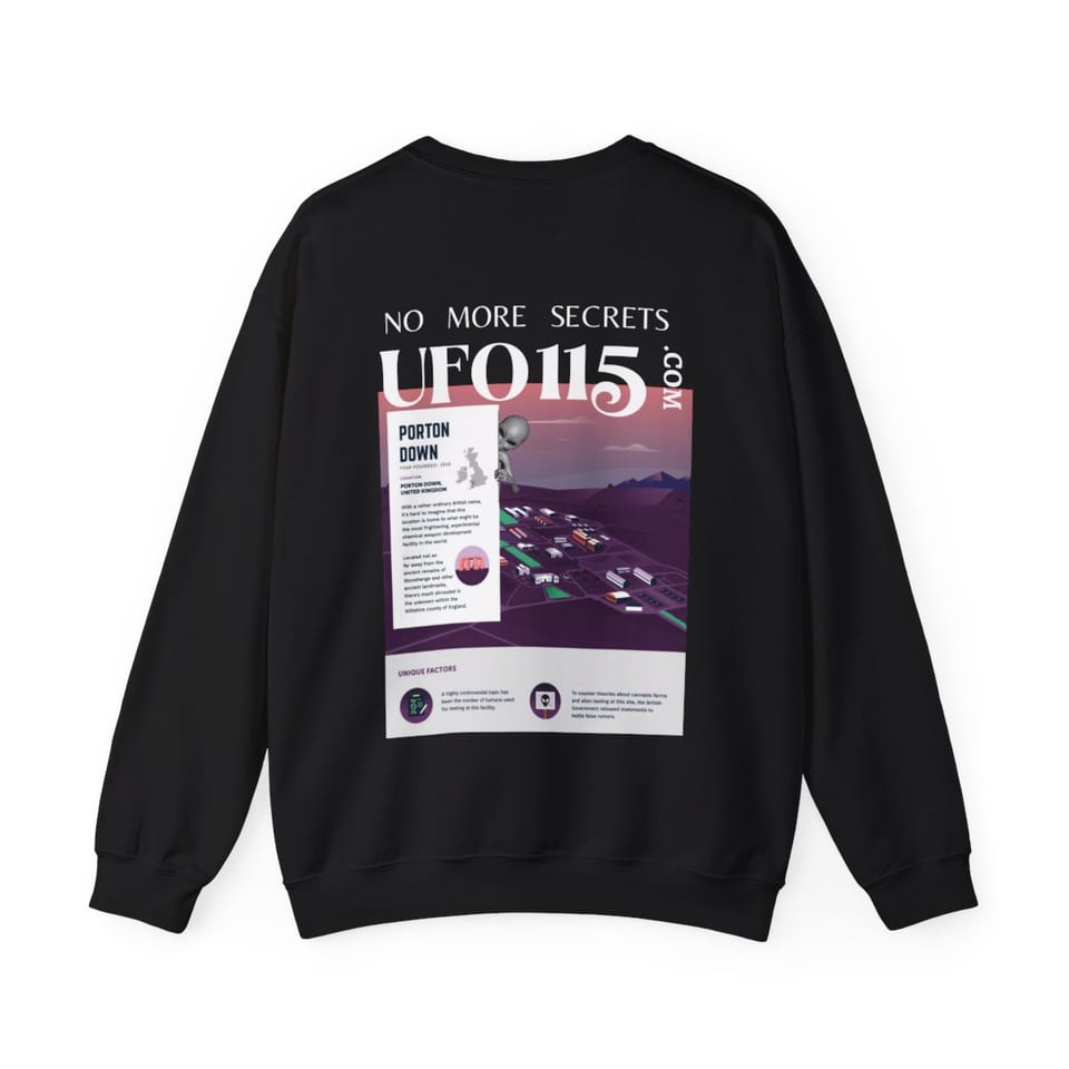 No More Secrets Porton Down Crewneck Sweatshirt, back view (Printify product mockup)