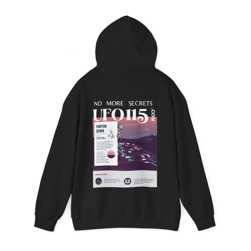 No More Secrets Porton Down Hoodie, back 2 view (Printify product mockup)