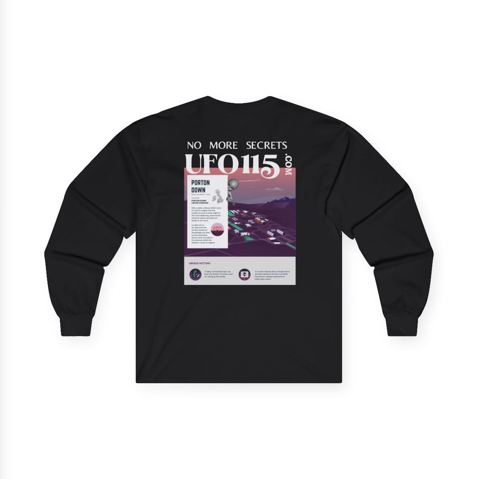No More Secrets Porton Down Long Sleeve Tee, back view (Printify product mockup)