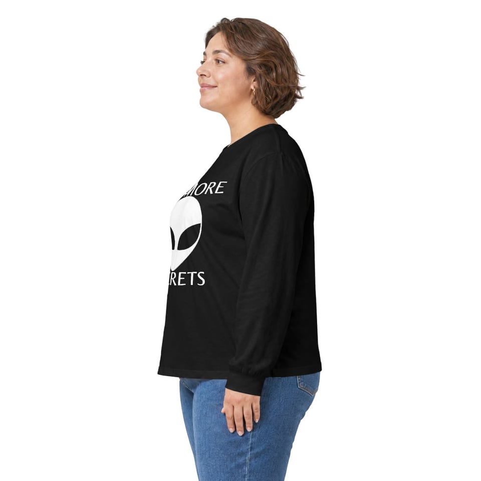 No More Secrets Porton Down Long Sleeve Tee, person left view (Printify product mockup)