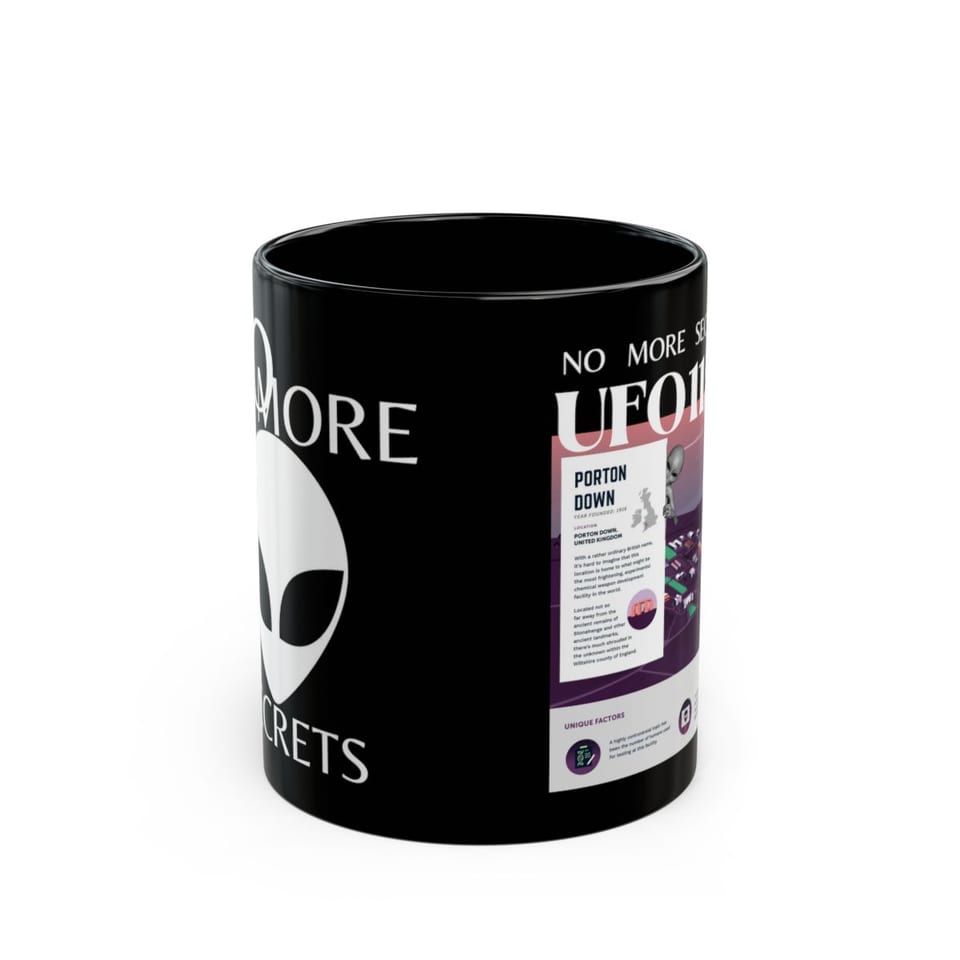 No More Secrets Porton Down Mug, front view (Printify product mockup)