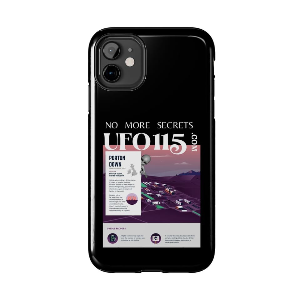 No More Secrets Porton Down Phone Case, front view (Printify product mockup)