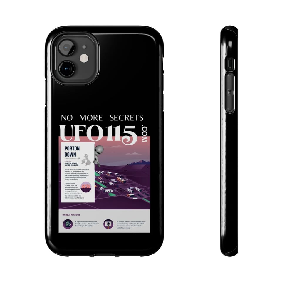No More Secrets Porton Down Phone Case, front and-side view (Printify product mockup)