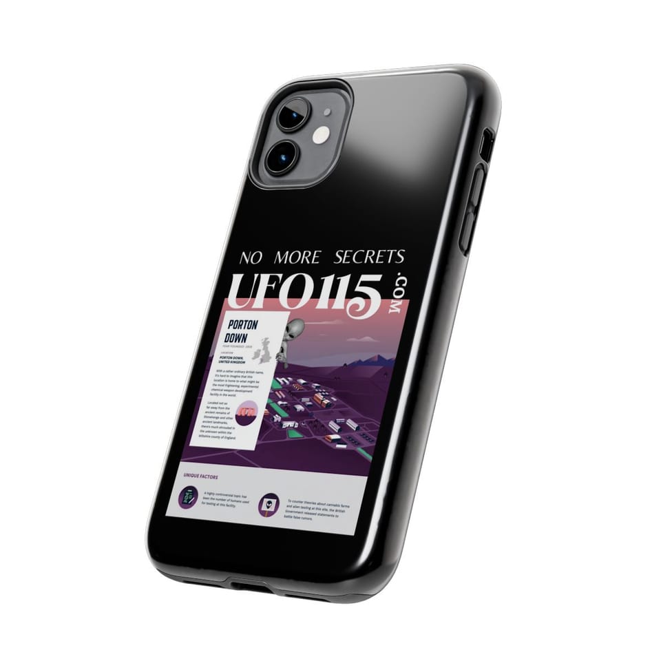 No More Secrets Porton Down Phone Case, side view (Printify product mockup)