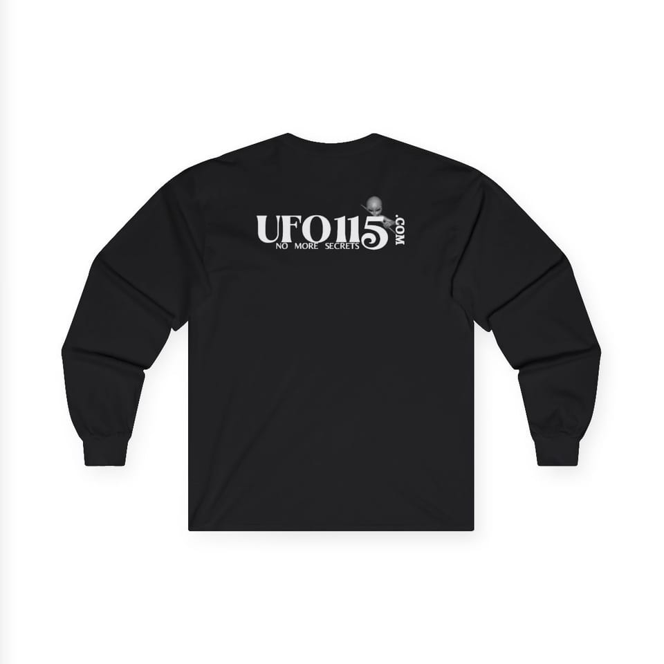 No More Secrets White Alien Face Long Sleeve Tee, back view (Printify product mockup)