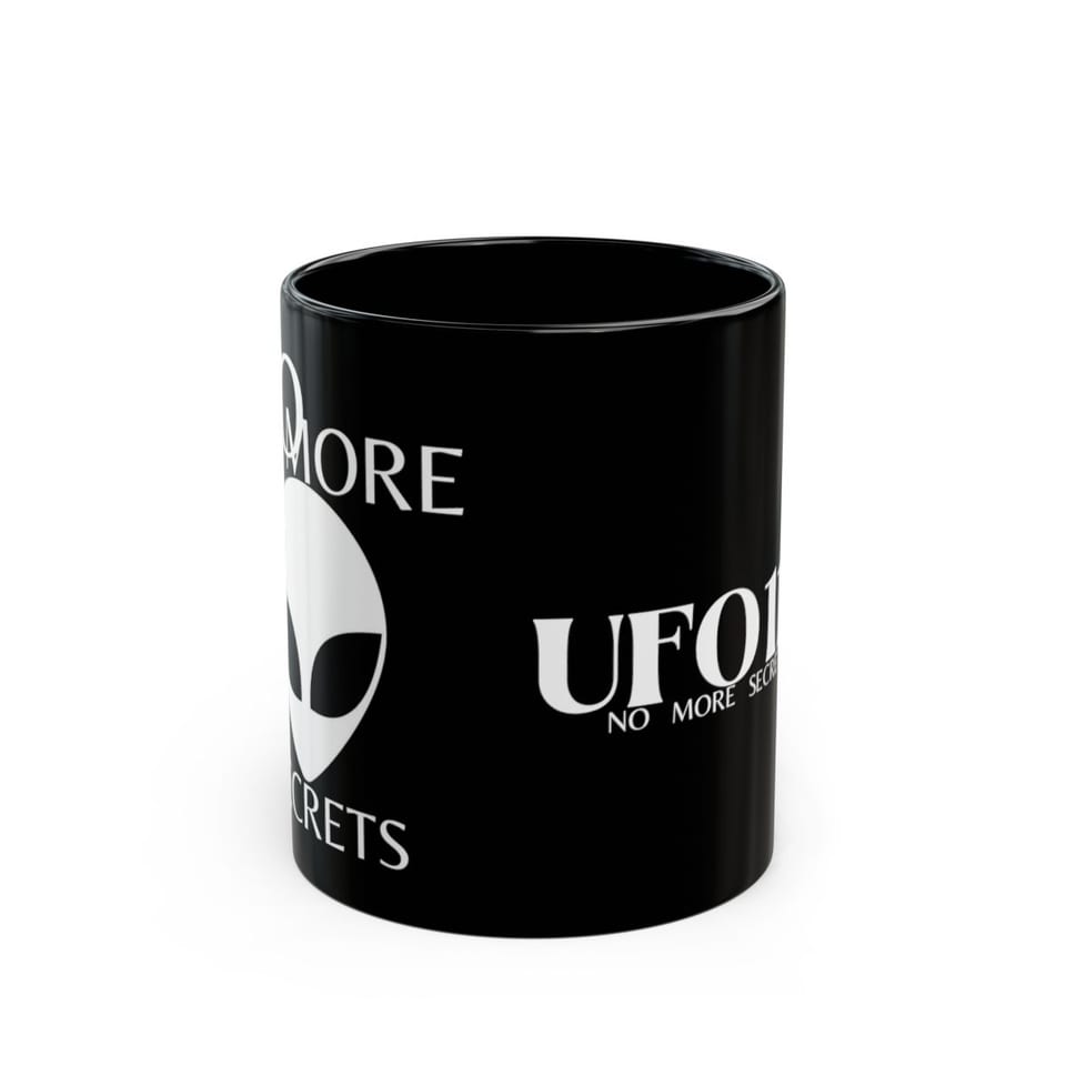 No More Secrets White Alien Face Mug, front view (Printify product mockup)