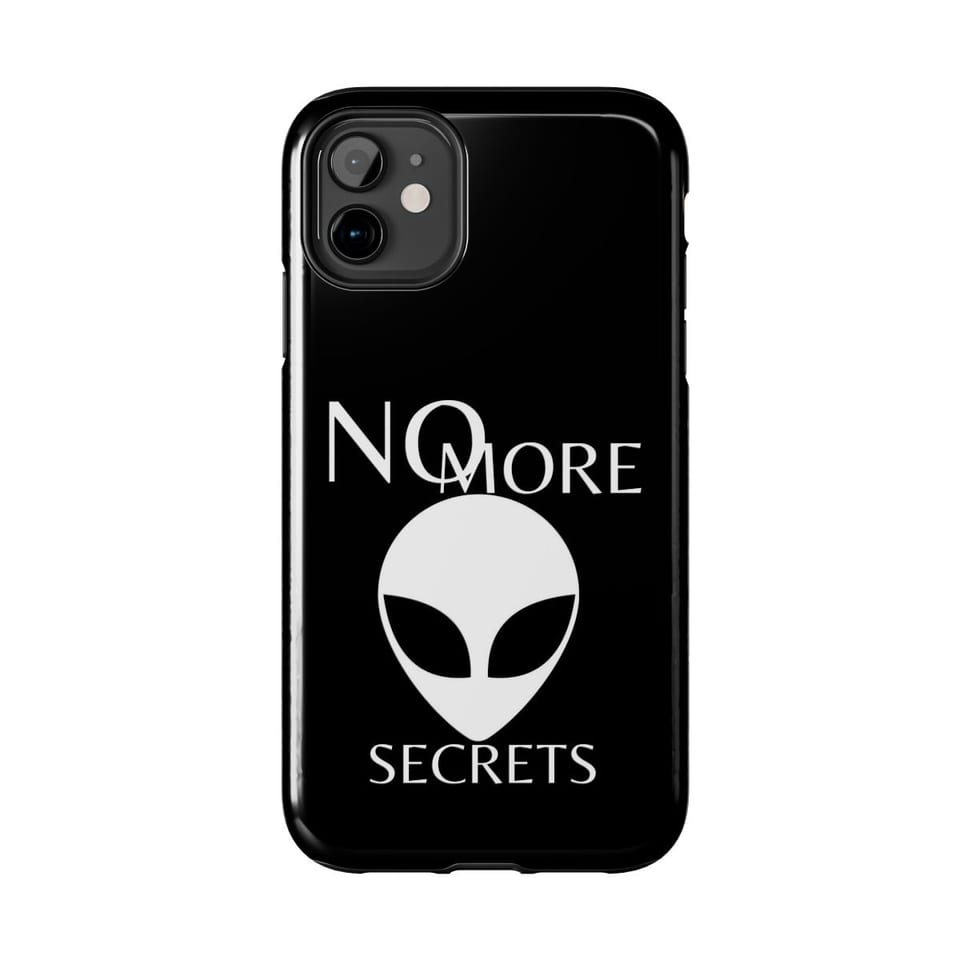 No More Secrets White Alien Face Phone Case, front view (Printify product mockup)