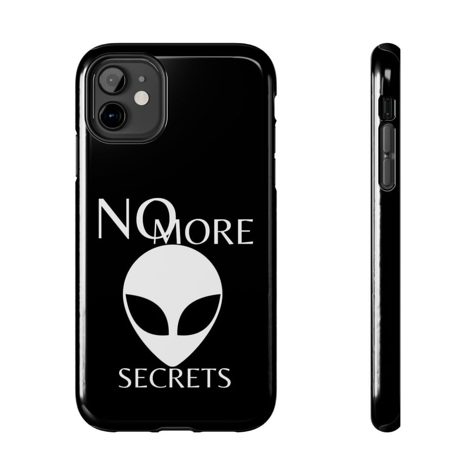 No More Secrets White Alien Face Phone Case, front and-side view (Printify product mockup)