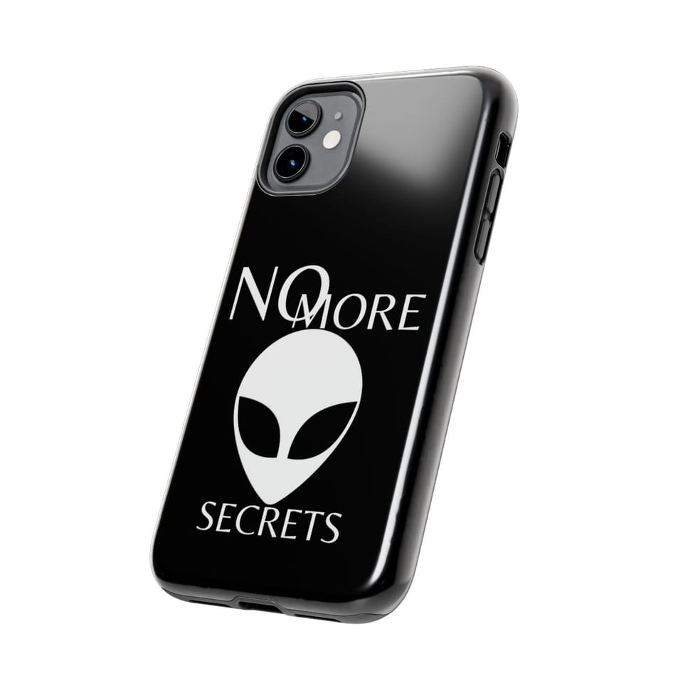 No More Secrets White Alien Face Phone Case, side view (Printify product mockup)