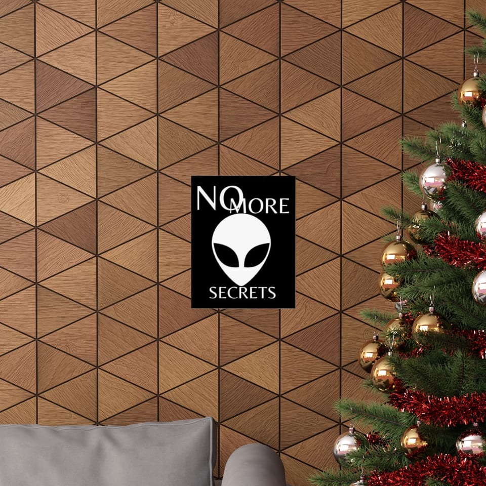 No More Secrets White Alien Face Poster, context 1 view (Printify product mockup)