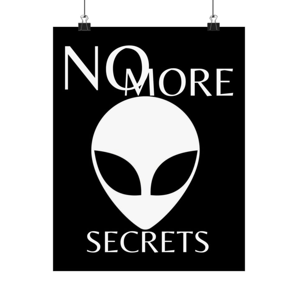 No More Secrets White Alien Face Poster, front view (Printify product mockup)