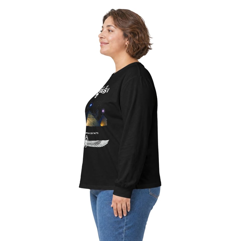 Orion's Belt Pyramids Long Sleeve Tee, person left view (Printify product mockup)