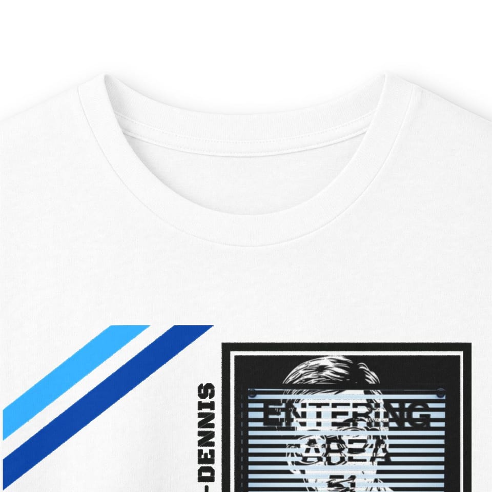 S4 ID My Man Bob Long Sleeve Tee, collar closeup view (Printify product mockup)