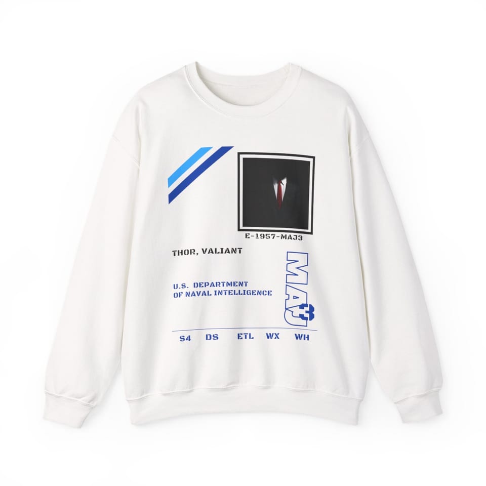 S4 ID Valiant Thor Crewneck Sweatshirt, front view (Printify product mockup)