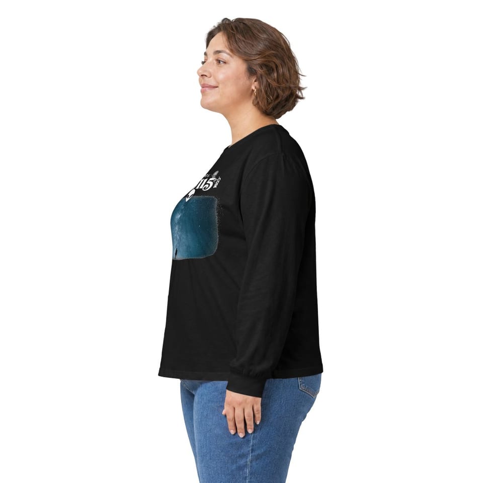 Sky Watcher Blue Solitude Long Sleeve Tee, person left view (Printify product mockup)