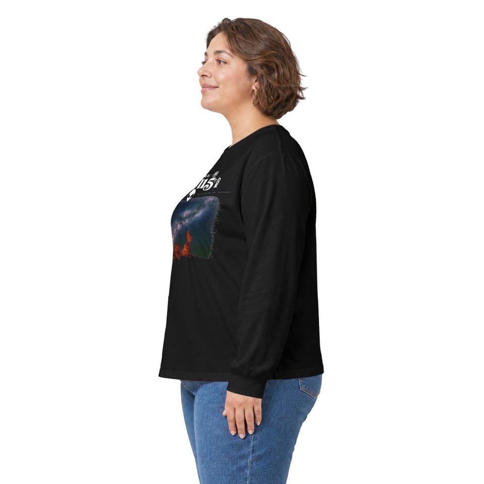 Sky Watcher Milky Way Canyon Long Sleeve Tee, person left view (Printify product mockup)