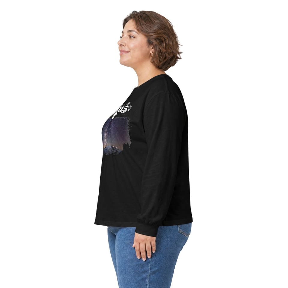 Sky Watcher Mountain Light Long Sleeve Tee, person left view (Printify product mockup)
