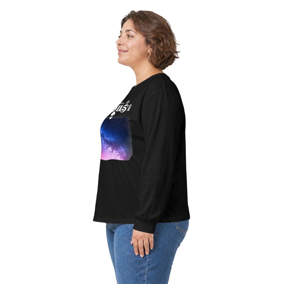 Sky Watcher Pretty in Pink Long Sleeve Tee, person left view (Printify product mockup)
