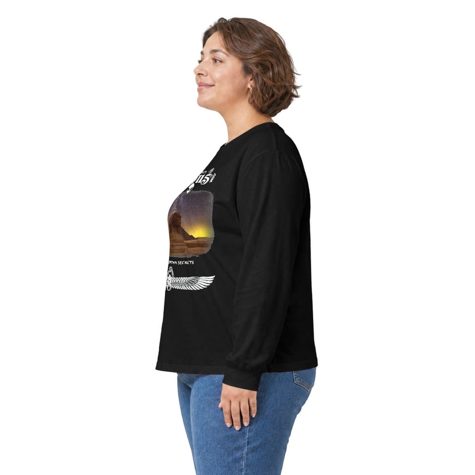 Sphinx and Sky Long Sleeve Tee, person left view (Printify product mockup)