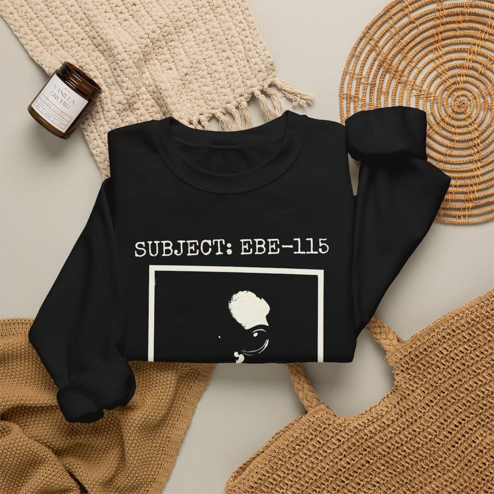 Subject EBE-115 Classified Crewneck Sweatshirt, folded 2 view (Printify product mockup)