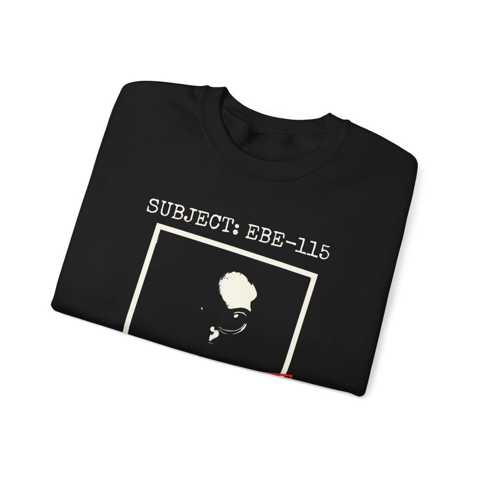 Subject EBE-115 Classified Crewneck Sweatshirt, folded view (Printify product mockup)