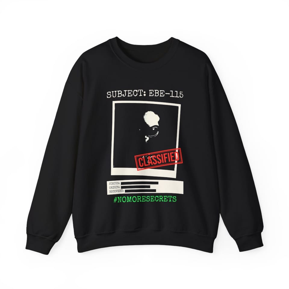Subject EBE-115 Classified Crewneck Sweatshirt, front view (Printify product mockup)