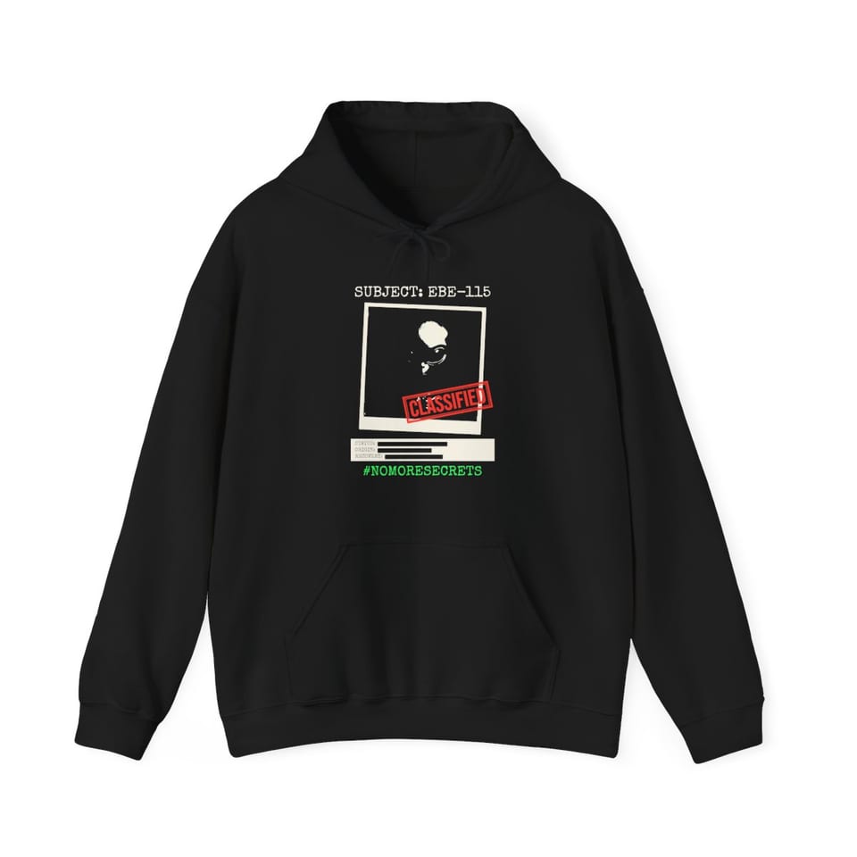 Subject EBE-115 Classified Hoodie, front view (Printify product mockup)