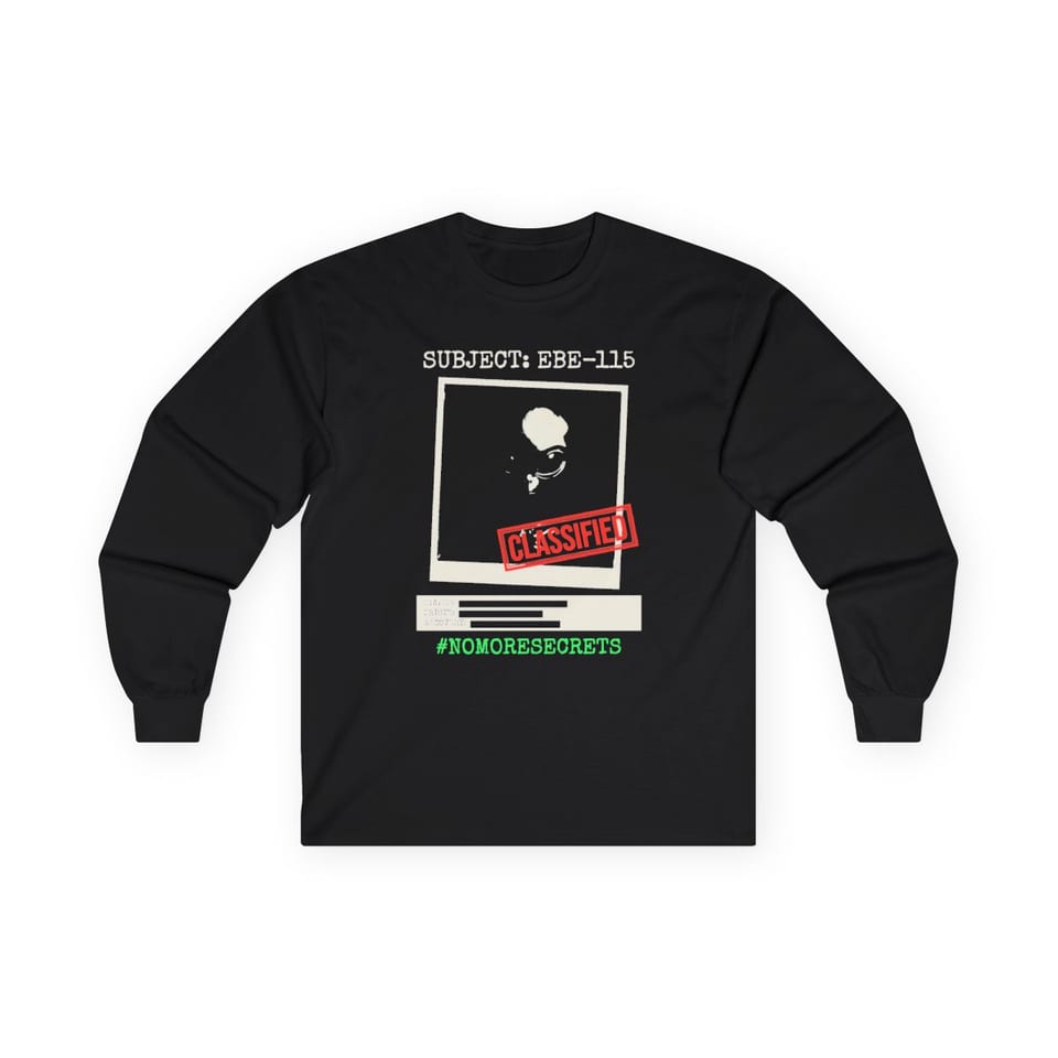 Subject EBE-115 Classified Long Sleeve Tee, front view (Printify product mockup)