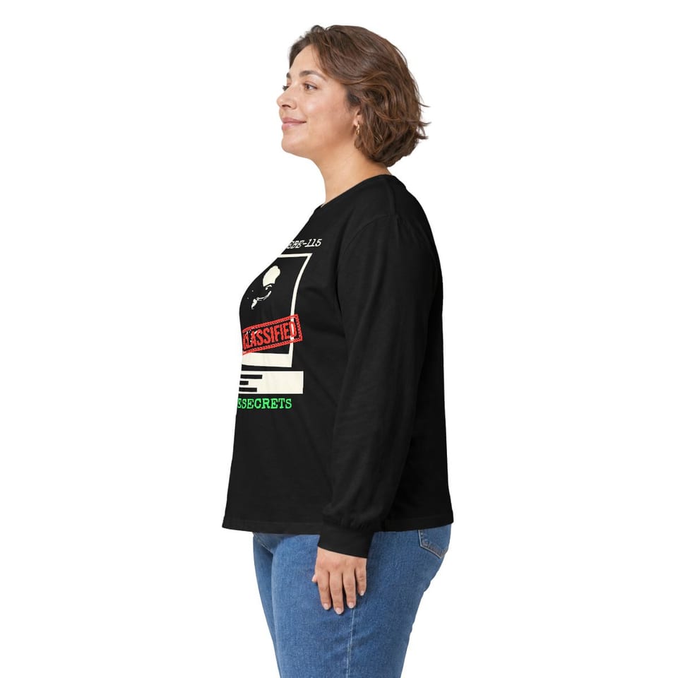 Subject EBE-115 Classified Long Sleeve Tee, person left view (Printify product mockup)