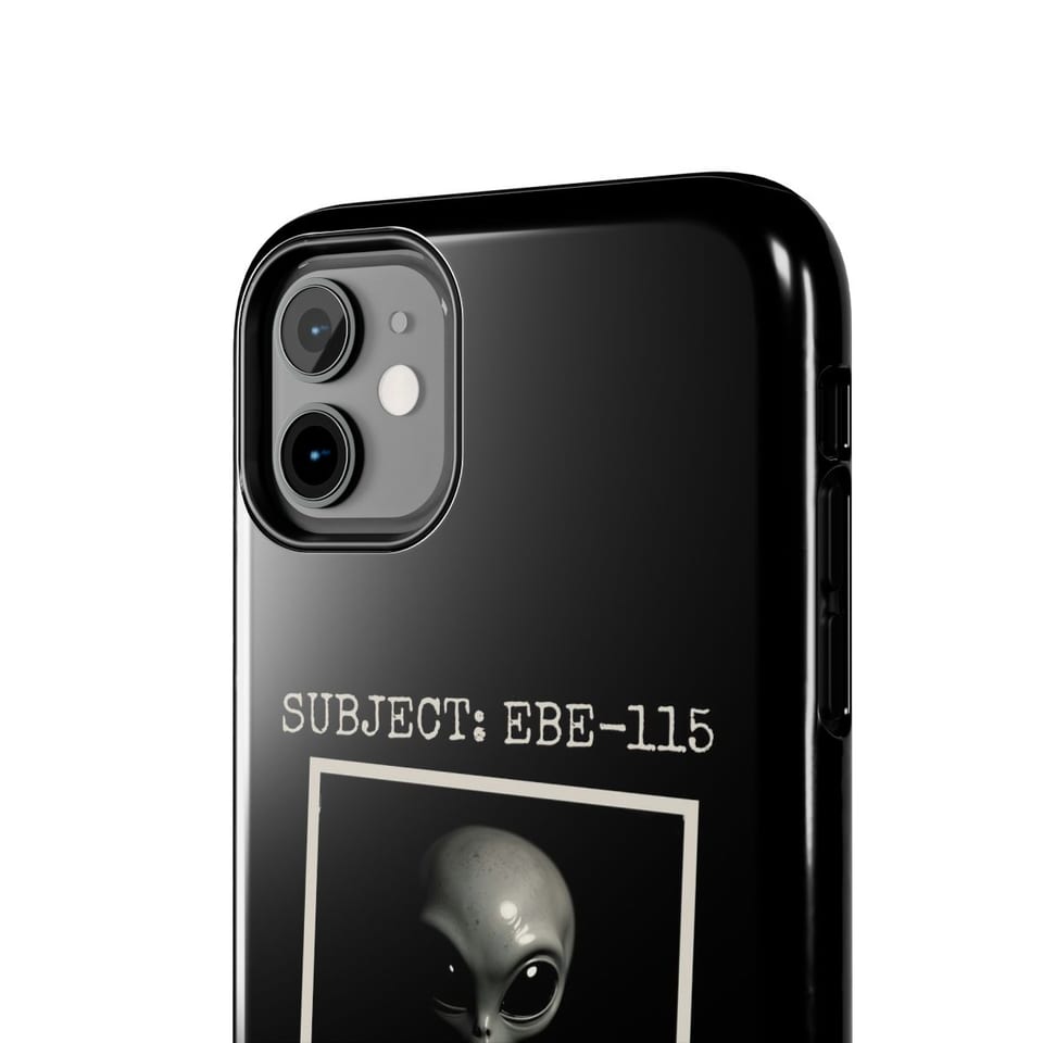 Subject EBE-115 Classified Phone Case, close up view (Printify product mockup)