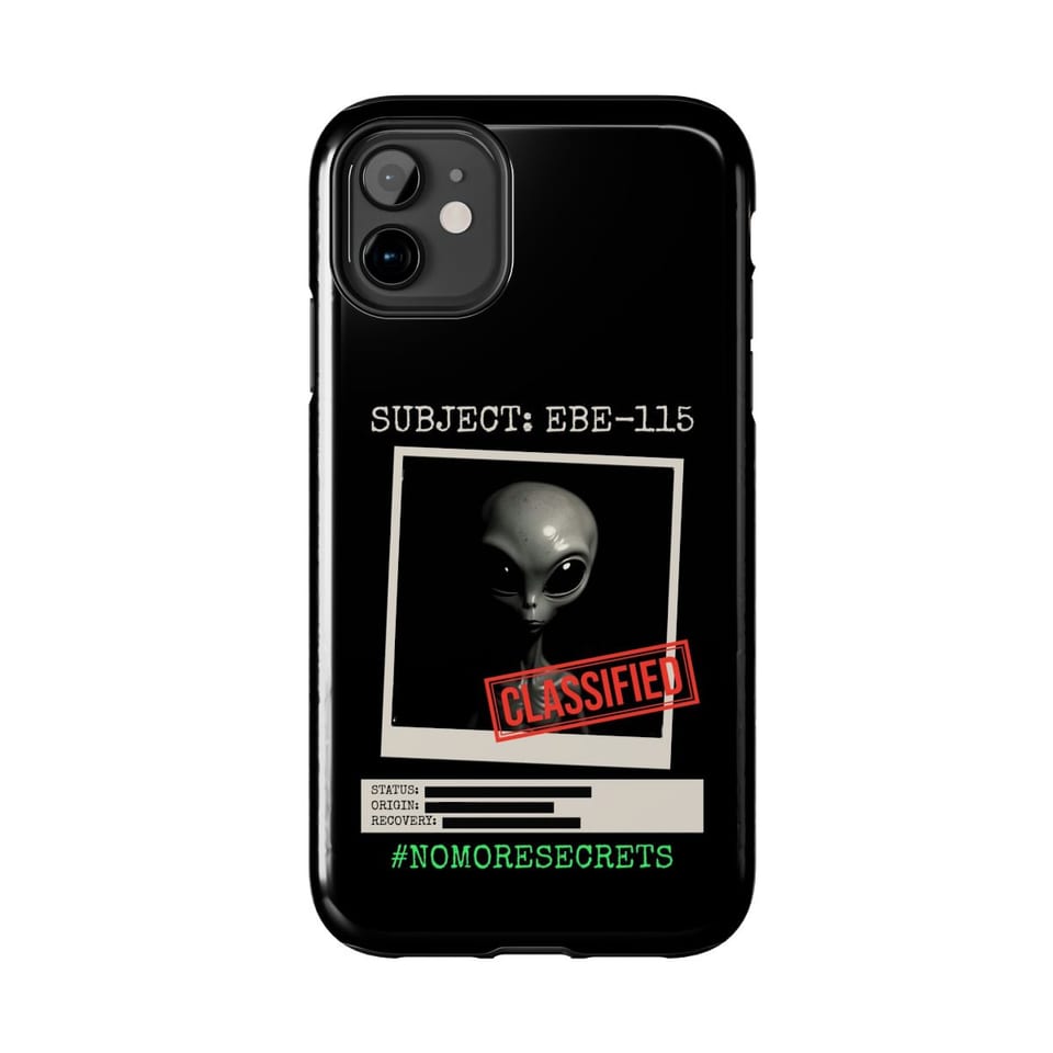 Subject EBE-115 Classified Phone Case, front view (Printify product mockup)