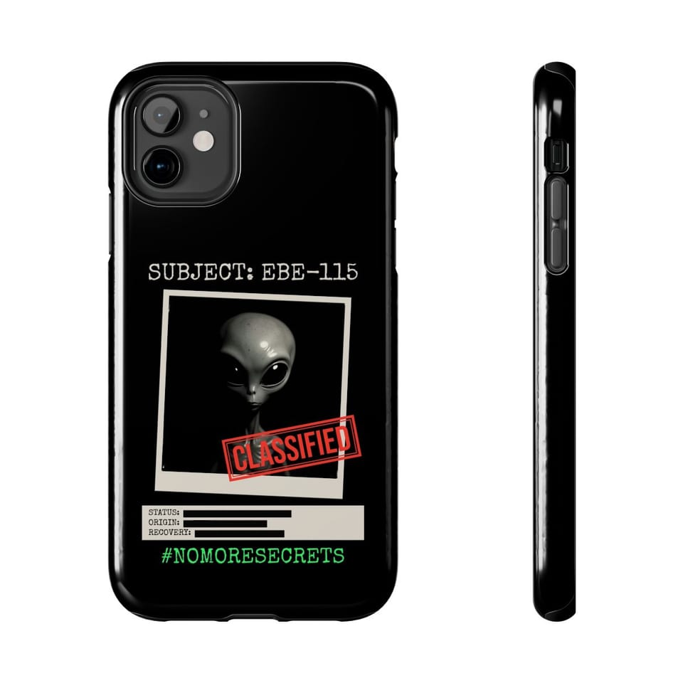 Subject EBE-115 Classified Phone Case, front and-side view (Printify product mockup)