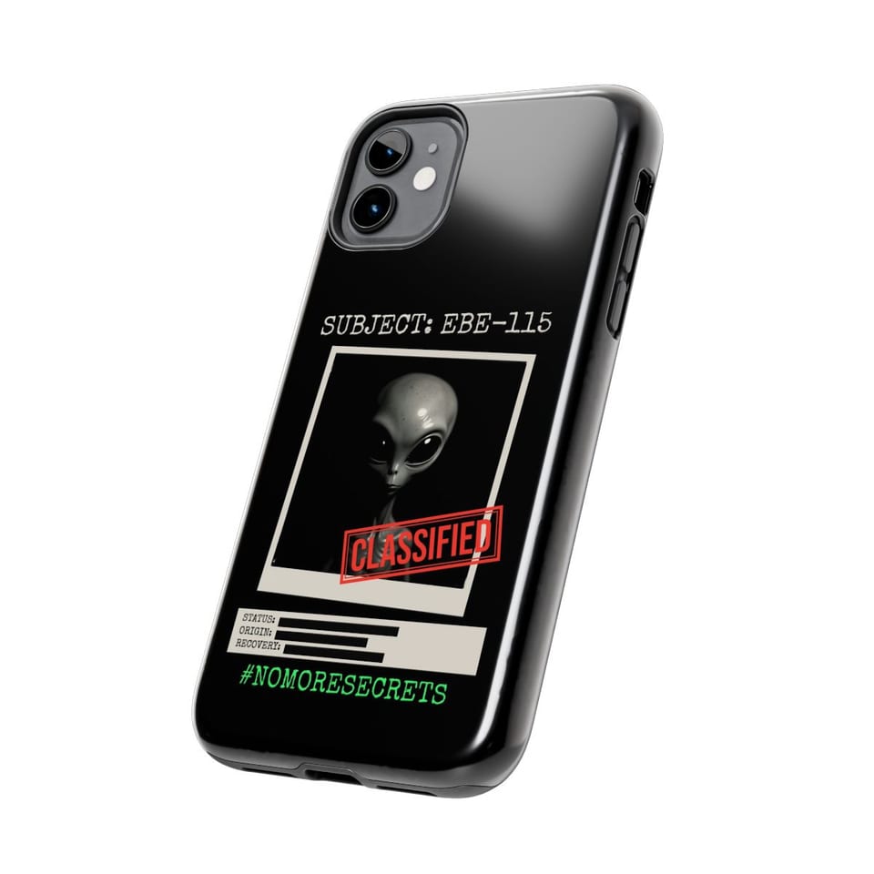 Subject EBE-115 Classified Phone Case, side view (Printify product mockup)