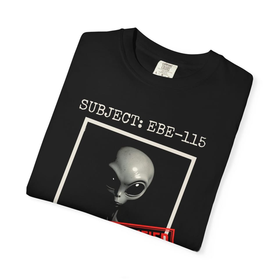Subject EBE-115 Classified Tee, folded view (Printify product mockup)