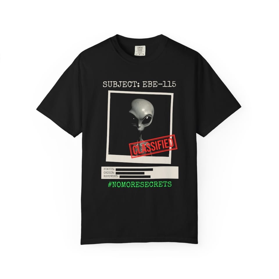 Subject EBE-115 Classified Tee, front view (Printify product mockup)