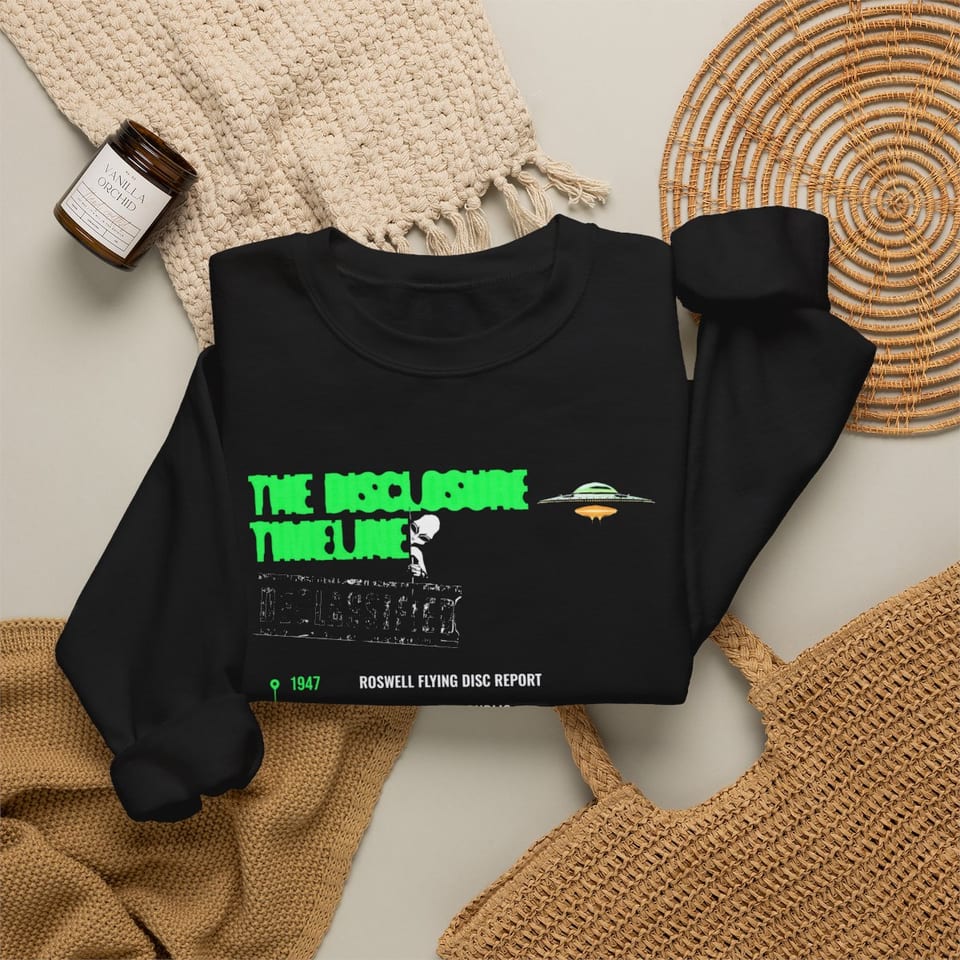 The Disclosure Timeline Crewneck Sweatshirt, folded 2 view (Printify product mockup)