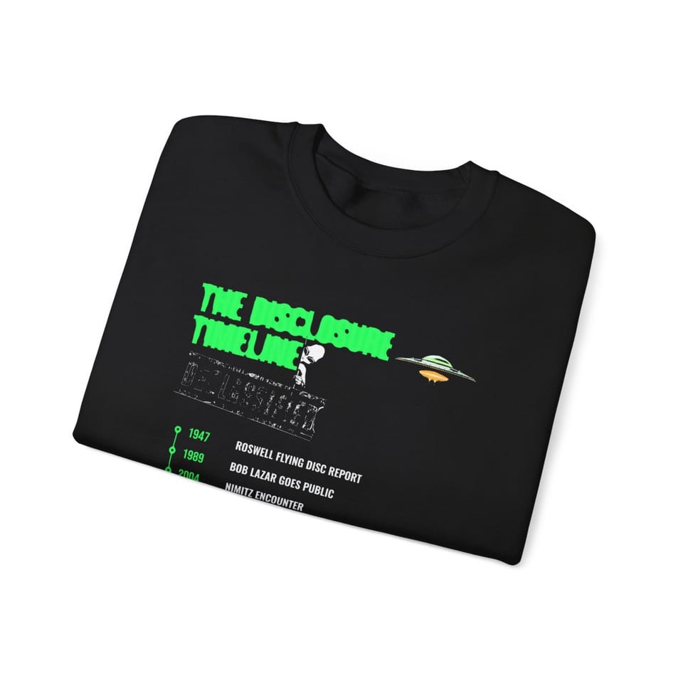 The Disclosure Timeline Crewneck Sweatshirt, folded view (Printify product mockup)