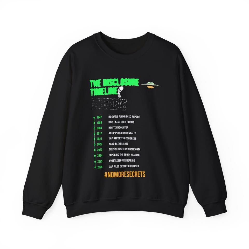The Disclosure Timeline Crewneck Sweatshirt, front view (Printify product mockup)