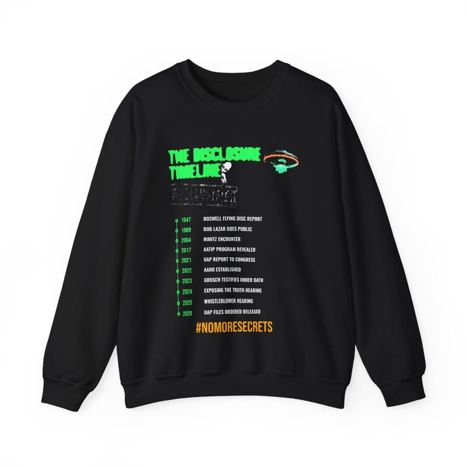 The Disclosure Timeline Crewneck Sweatshirt, front view (Printify product mockup)