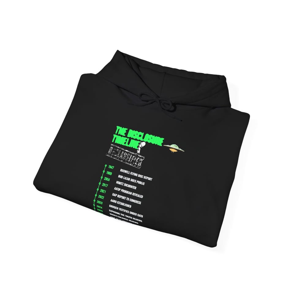 The Disclosure Timeline Hoodie, folded view (Printify product mockup)
