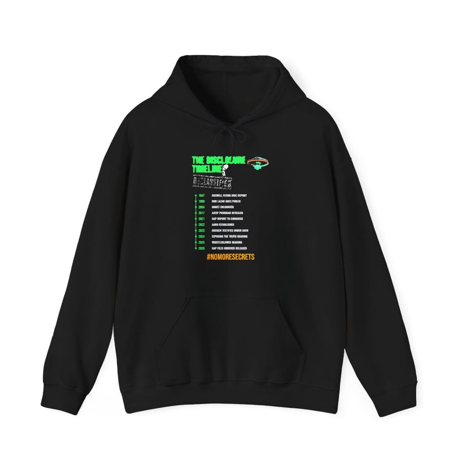 The Disclosure Timeline Hoodie, front view (Printify product mockup)