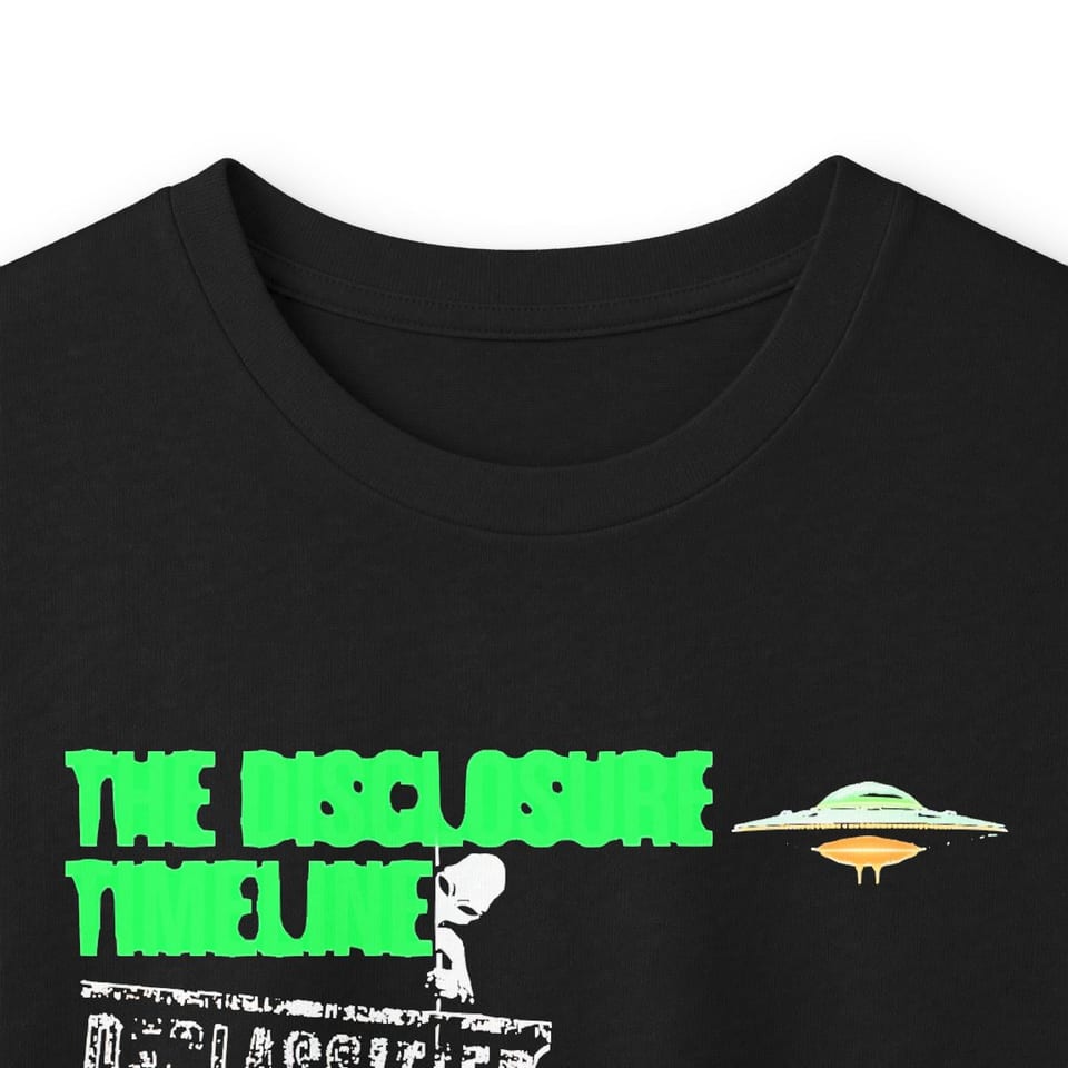 The Disclosure Timeline Long Sleeve Tee, collar closeup view (Printify product mockup)